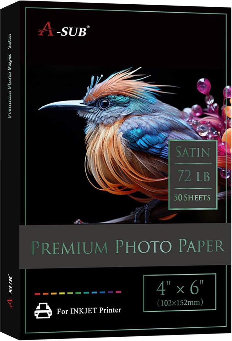 A-SUB Premium Photo Paper Satin 4x6 72lb for Inkjet Printers 50 Sheets, Single Sided - Image 1